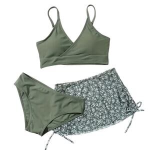 Girls' Size 15-16 Yr Bathing Suit 3 Piece Swim Set Bikini & Sheer Skirt Green